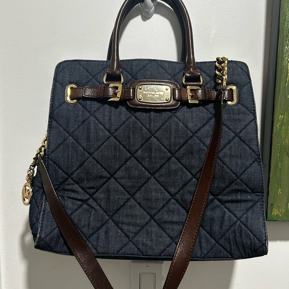 Michael Kors Quilted Denim Tote Bag with Brown Accents